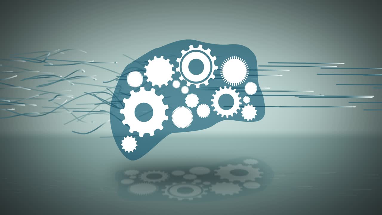 Streams of thought are organized in a brain with gears. Brainstorm, chaos, thought order. Digitally generated animation.