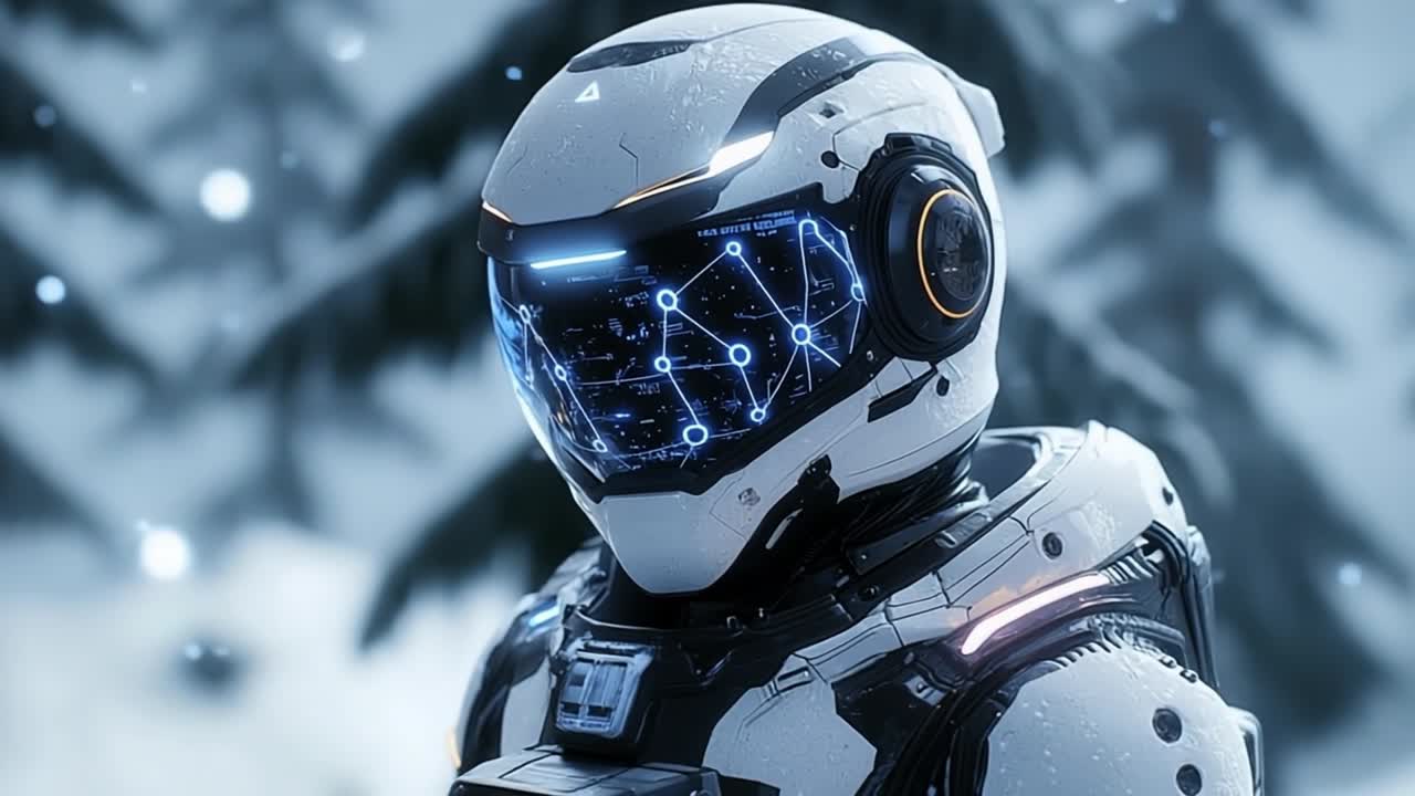 Futuristic Robot in Snowy Landscape