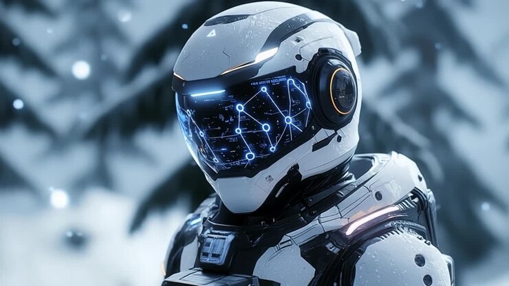 Robot futuristico in un paesaggio innevato