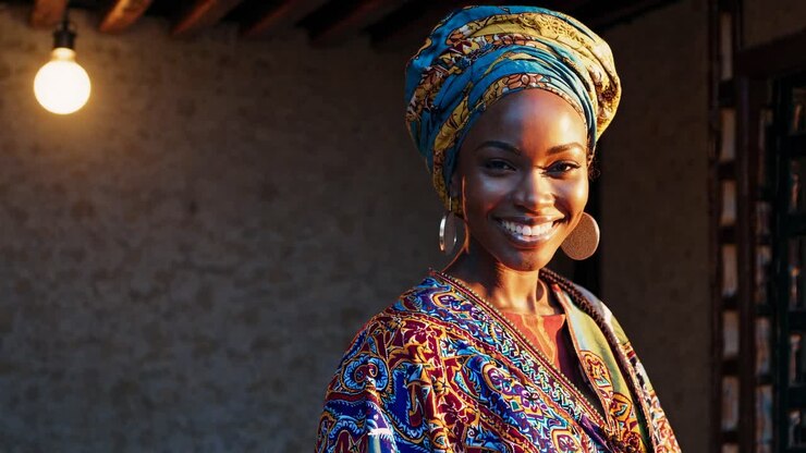 A vibrant video still of a smiling woman in colorful attire, captured from a low angle