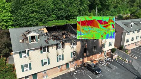 thermal drone camera scanning collapsed roof after house, apartment fire