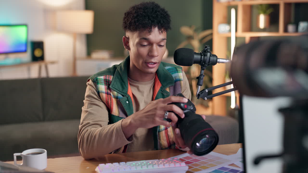 Man recording video with camera and microphone