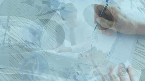 animation of financial data processing and statistics over man writing