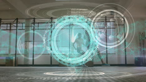 animation of clock moving and digital brain over caucasian couple exercising at gym