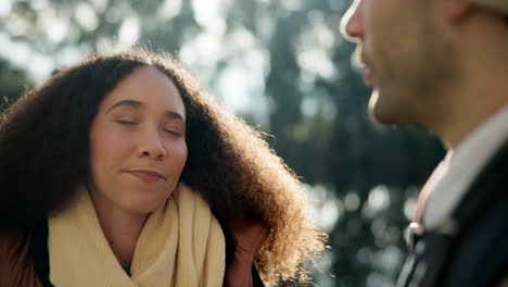 woman, man and talking in nature for camping trip