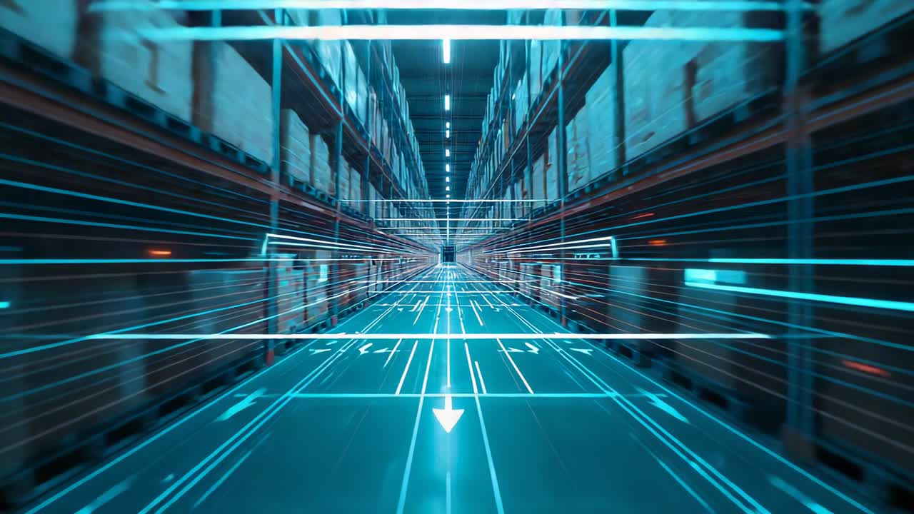 Projecting glowing grid initiating mapping in warehouse aisle, tracing shelves, boxes and arrow