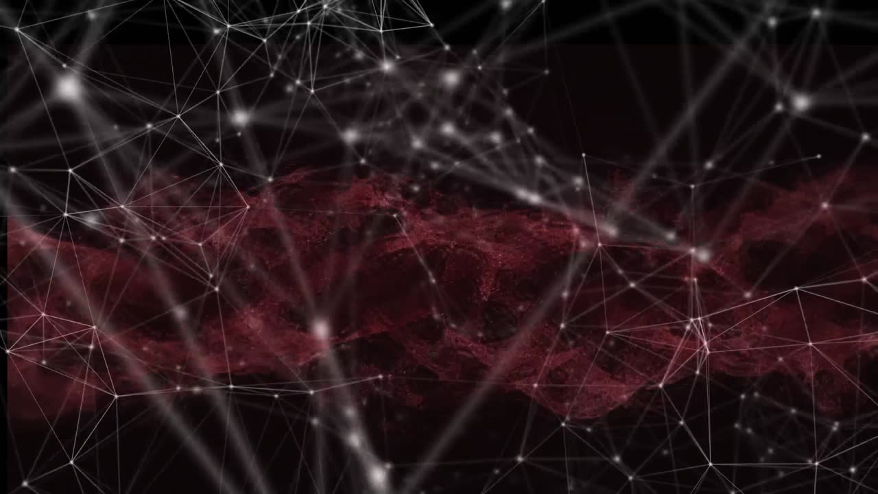 Digital animation of network of connections against red digital waves on black background