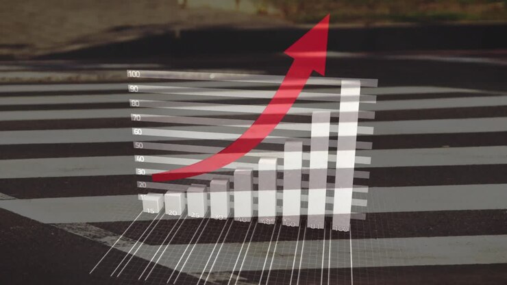 Animation of statistical data processing over time-lapse of low section of people walking on street