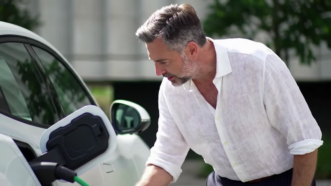 Uomo di mezza età elegante che ricarica il suo moderno veicolo elettrico bianco