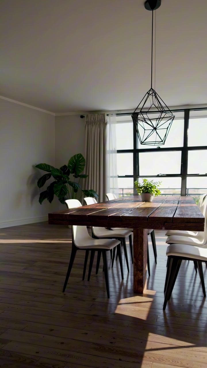 Sala da pranzo moderna vuota con tavolo in legno e luce naturale