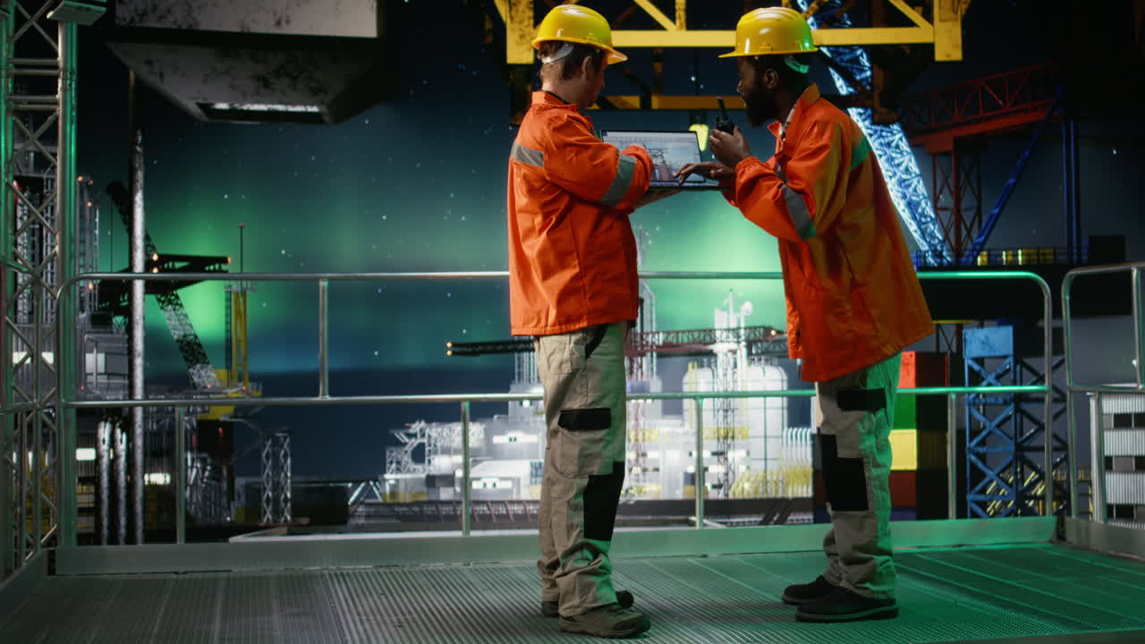 Offshore-IngenieurInnen kommunizieren nachts per Walkie-Talkie auf einer Ölplattform
