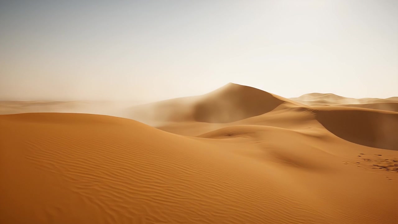 Vento che soffia sabbia su dune dorate del deserto