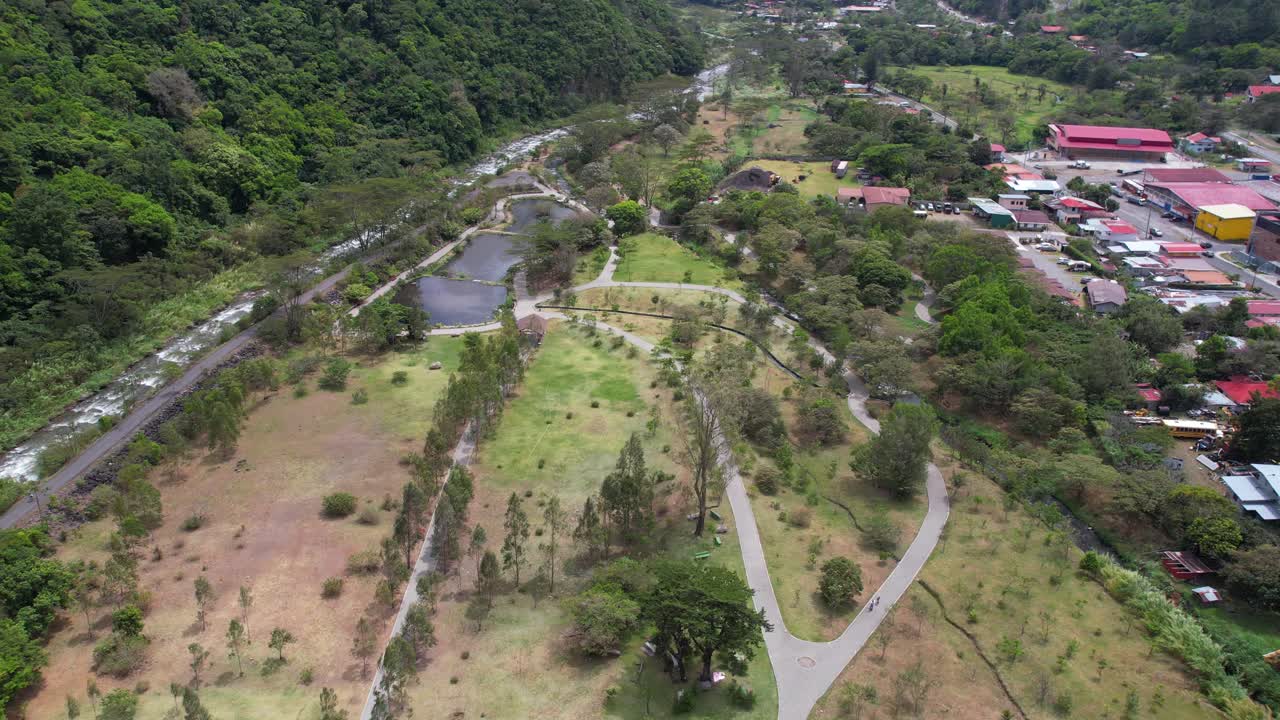 Boquete, Panama. Drone Shot of Park, River, Green Hills and Buildings in Valley