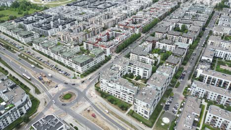 Wilanow,-Drone-aerial-photo-of-modern-residential-buildings-in-Wilanow-area-of-Warsaw,-Poland