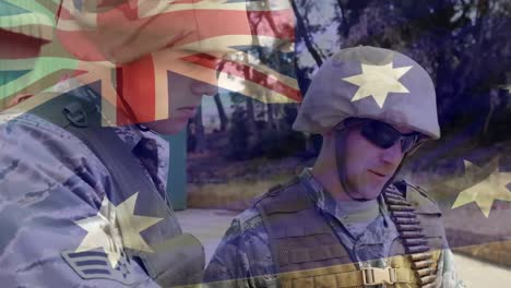 Composición-Digital-De-Ondear-La-Bandera-De-Nueva-Zelanda-Contra-Dos-Soldados-Leyendo-Un-Mapa-En-El-Campo-De-Entrenamiento