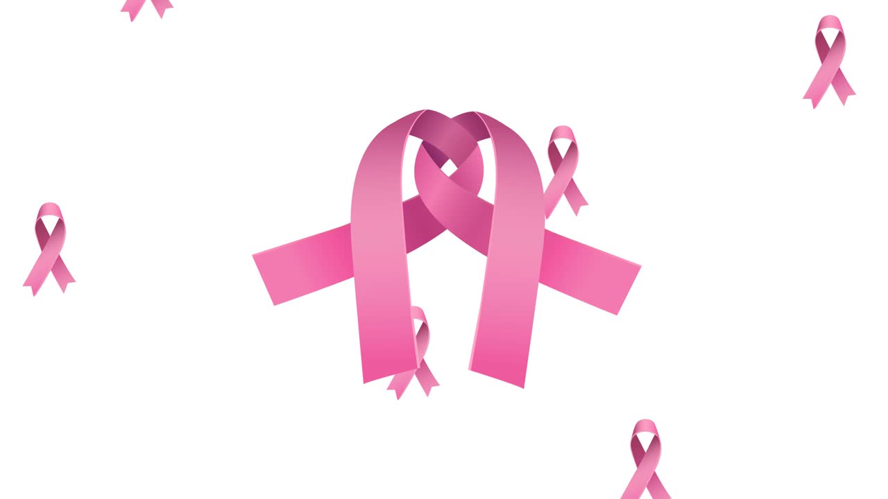 animación de varios logotipos de cintas rosadas que caen sobre cintas rosadas que aparecen sobre un fondo blanco