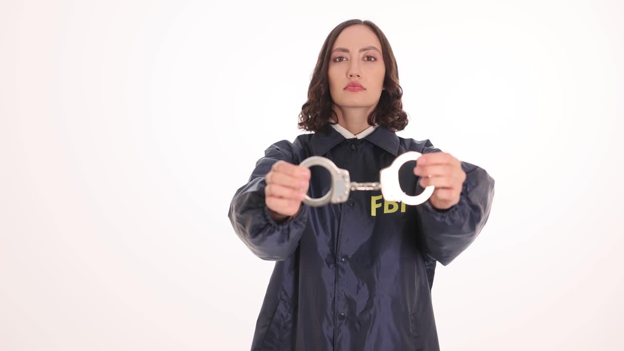 Woman in FBI jacket holding handcuffs