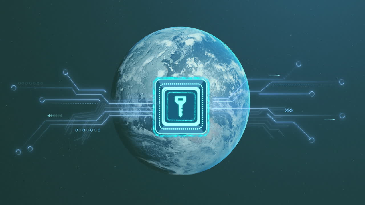 Digital key icon animation over Earth with data connections