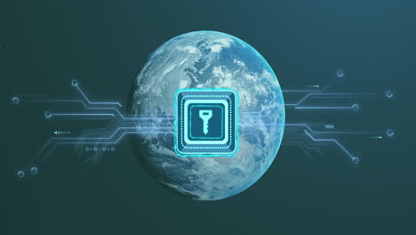 animación de icono de clave digital sobre la tierra con conexiones de datos