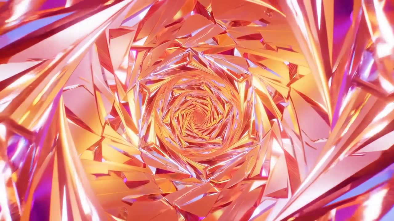 Vista frontal aproximada de fragmentos metálicos amassados e em camadas formando um corredor em espiral que converge para um vórtice central brilhante, com facetas afiadas, tiras dobradas, realces reflexivos e cores vívidas.