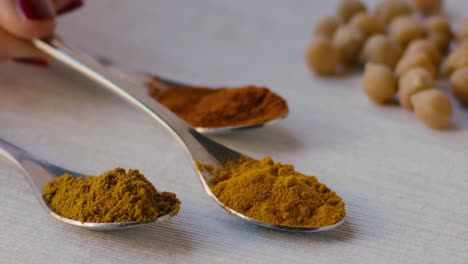 a spoonful of curry powder is placed on a table next to two other spoons with turmeric powder and saffron powder, chickpeas can be seen in the background