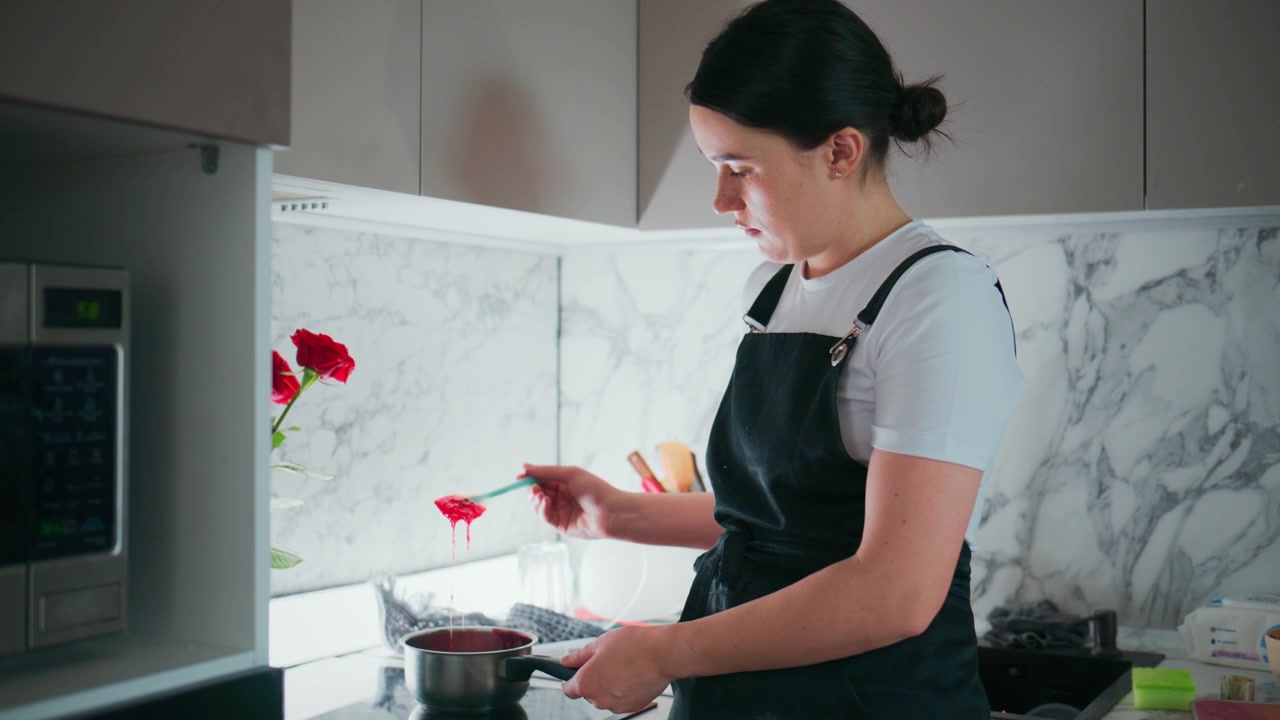 Wanita muda memasak di dapur modern. Dia mengaduk panci dengan fokus. Bunga merah menambah kehangatan pada suasana. Dapur memiliki permukaan marmer yang bersih. Cocok untuk konten gaya hidup, masakan rumahan, atau kesehatan