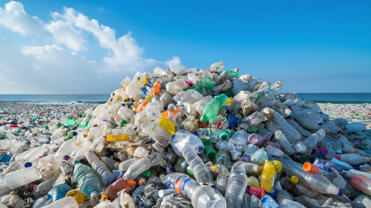 Vast piles of plastic trash bottles and containers littering a beach, polluting the environment under a cloudy blue sky, highlighting the urgent issue of plastic pollution in nature
