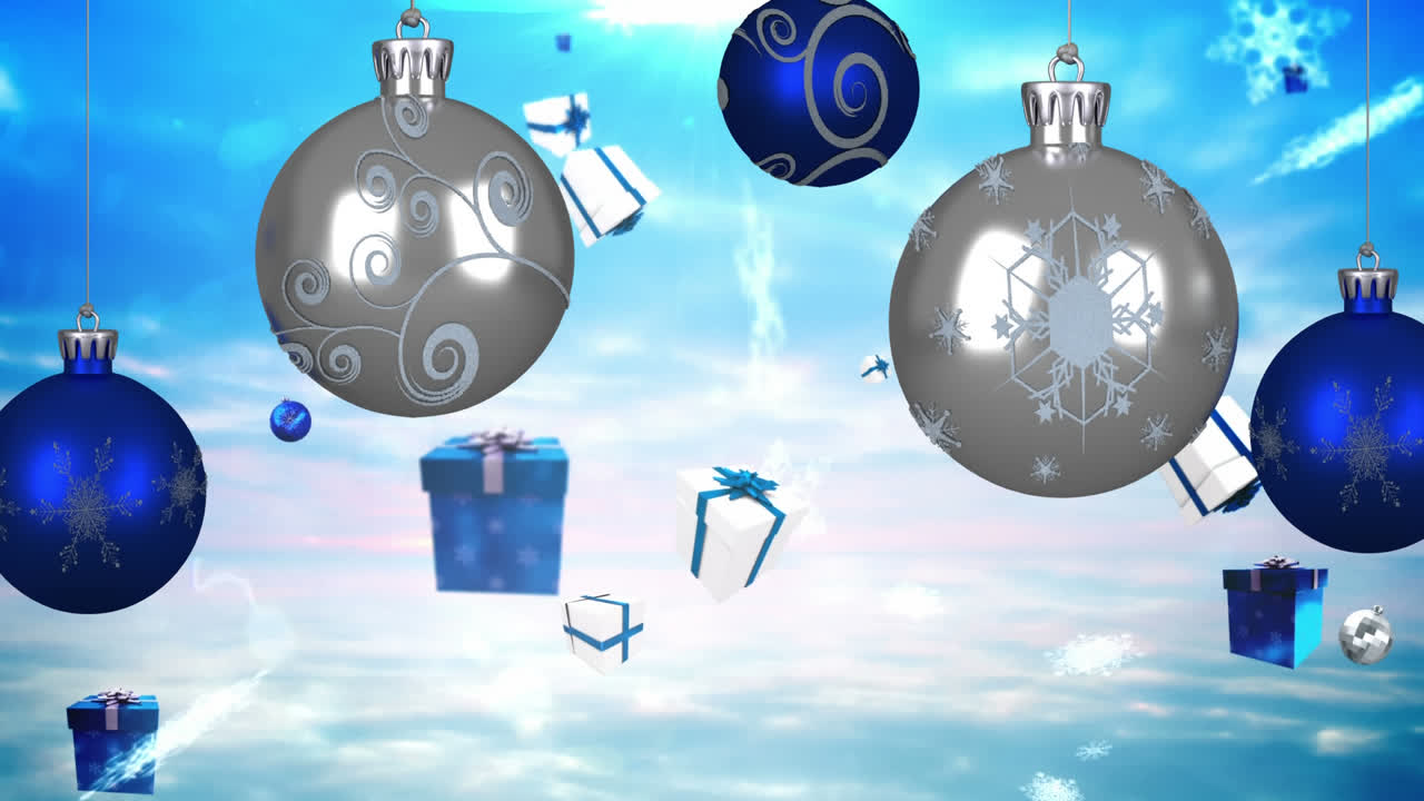 Animation of christmas blue and silver baubles