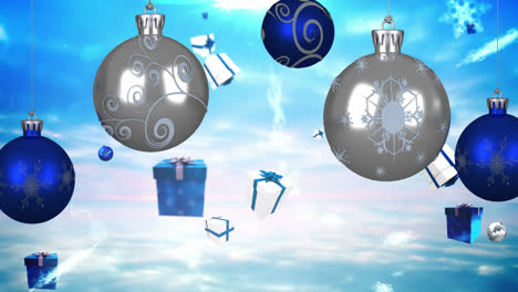 animación de las bolas de navidad azules y plateadas