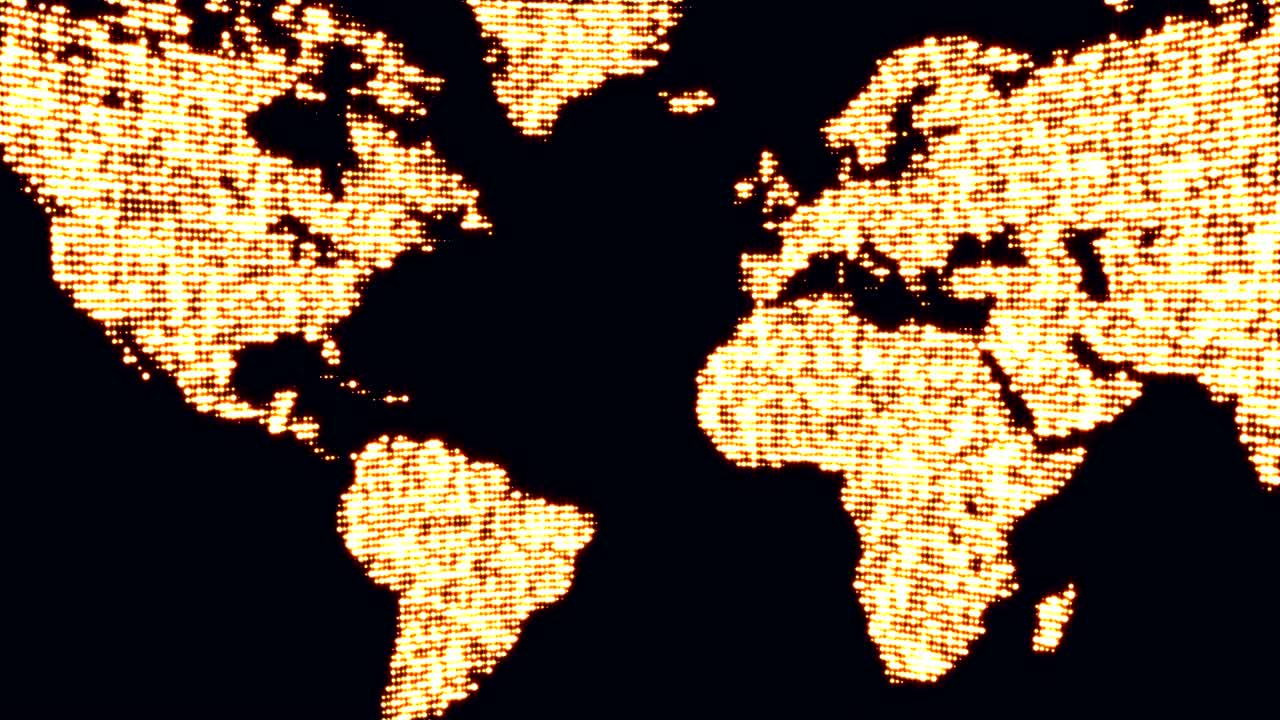 Digital golden world map in dots.