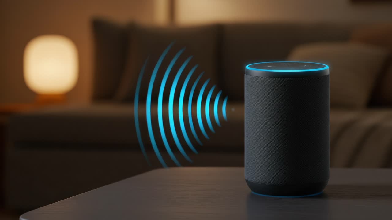 A Smart Speaker Emitting Sound Waves in a Cozy Living Room, Creating a Welcoming Atmosphere with Soft Lighting and Modern Décor