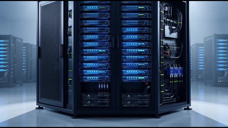 Modern Server Rack in a High-Tech Data Center