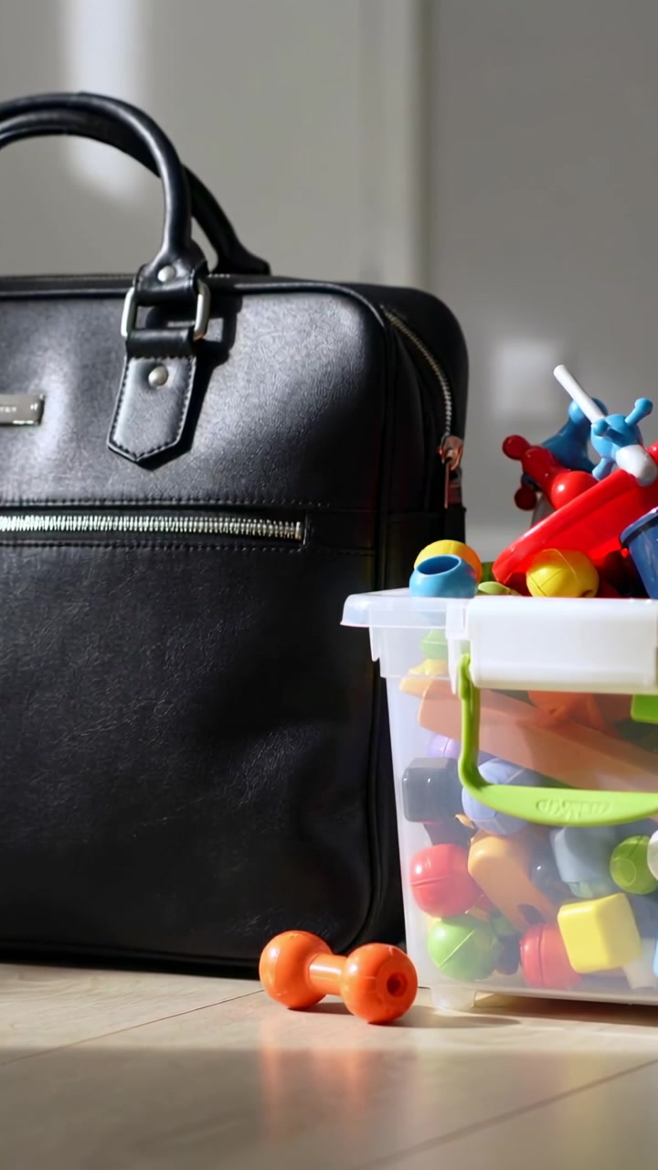 Vertical video: Soft left light casting black bag and clear toy box at doorway, orange dumbbell