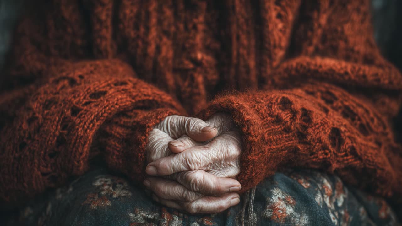 A Close-Up Portrait of Elderly Hands Resting on an Ornate Fabric, Adorned in a Warm, Rustic Knit Sweater Depicting the Beauty and Grace of Aging