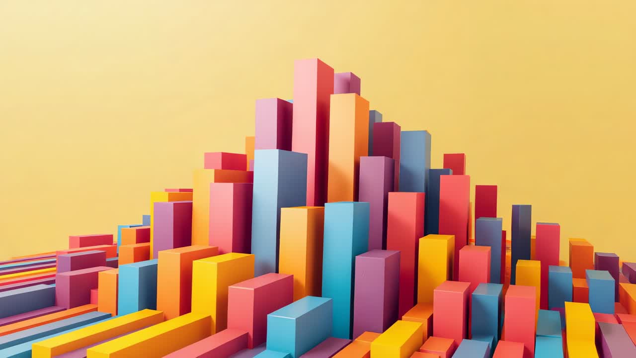 Camera tilting and zooming in on prism cluster in studio, focusing on tallest blocks