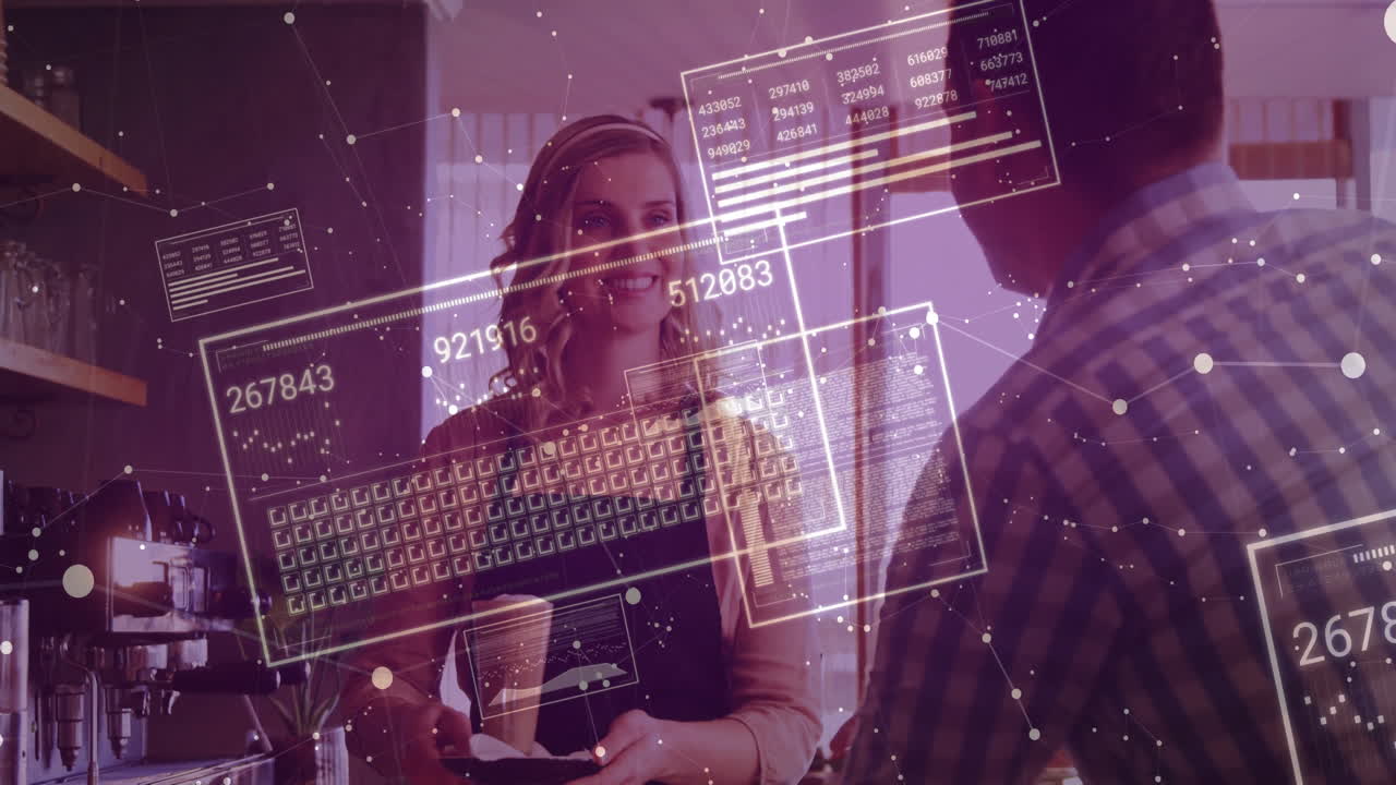 female barista serving coffee to male customer in coffee shop, displaying floating AR data panels