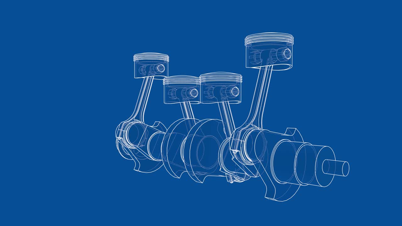 animación del cigüeñal y cuatro pistones. marco de alambre o estilo de plano