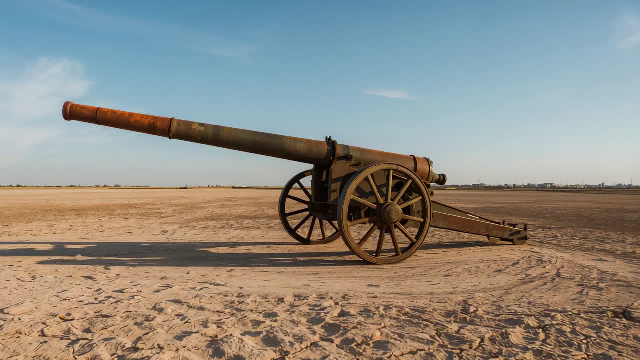 Panning camera revealing cannon on desert floor, with rusted barrel, wooden wheels and support beam