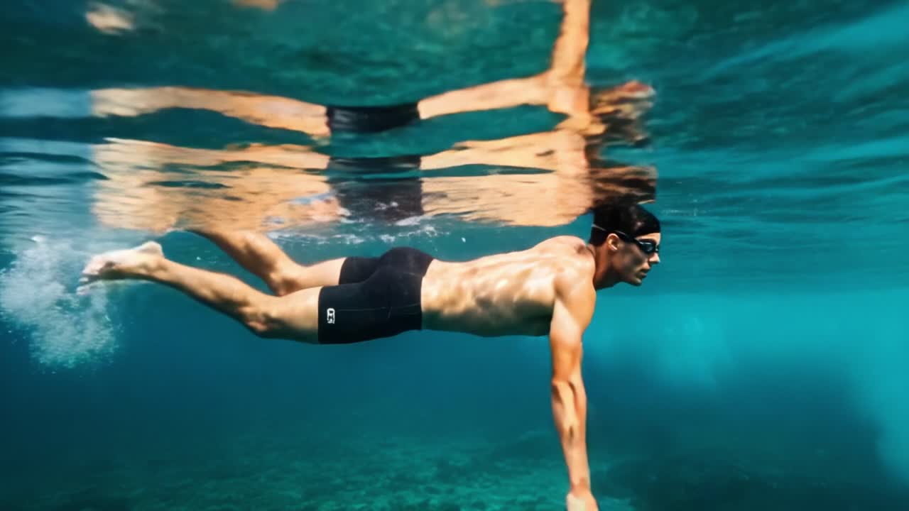 Un nuotatore scivola con grazia sott'acqua, mostrando forza e tecnica in un ambiente oceanico cristallino con la luce del sole che danza sulla superficie.