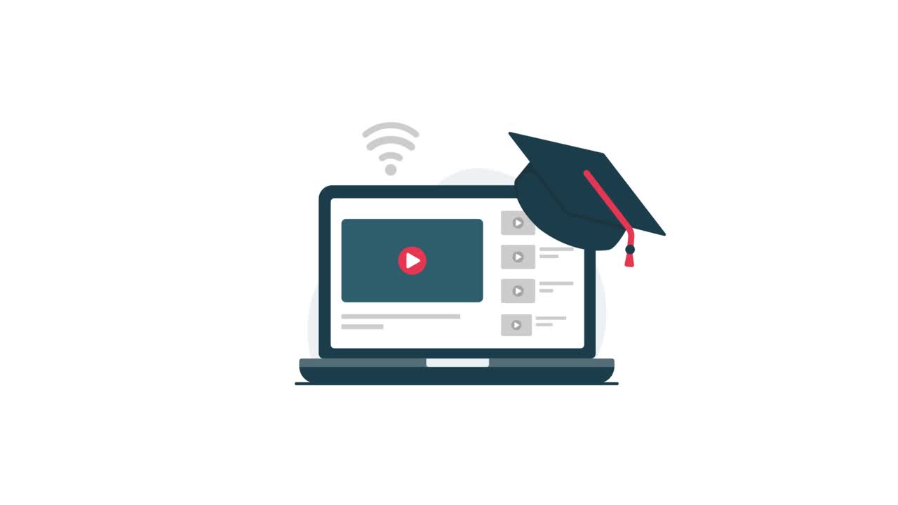 Laptop Animasi dengan Topi Wisuda untuk Pendidikan Daring