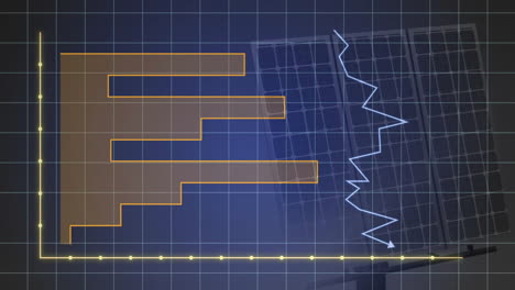 bar and line graph animation over solar panel background