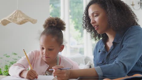 mother helping daughter with home schooling sitting at table with digital tablet