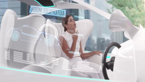mujer en coche con interiores blancos en modo piloto automático conduciendo a través de la ciudad