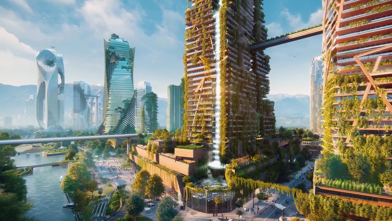 Modern Eco-Friendly Cityscape with Lush Green Buildings and Monorail