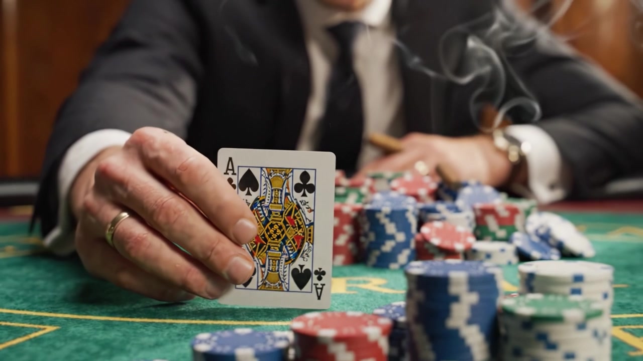 Lüks bir kumarhane ortamında, renkli poker fişleri denizi ve dönen duman arasında bir oyuncu kazanan bir kartı açarken yüksek bahisli bir kumar sahnesi ortaya çıkıyor.