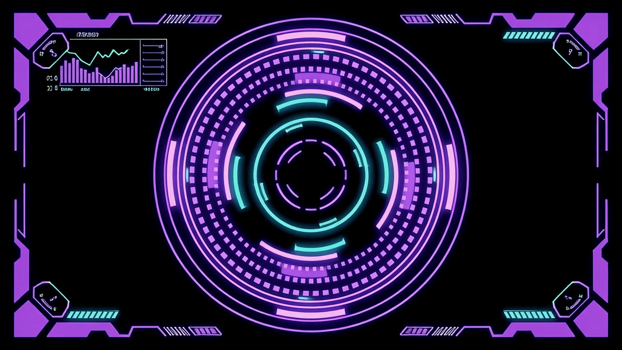 Animated Futuristic HUD Display with Rotating Rings and Data Graphics