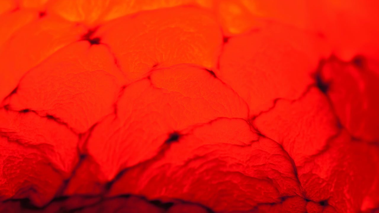 Overlapping scalloped layers with porous microtexture undergo visible light change as warm yellow glow intensifies into red-orange, creating rich contrast, depth, and smooth tonal transition