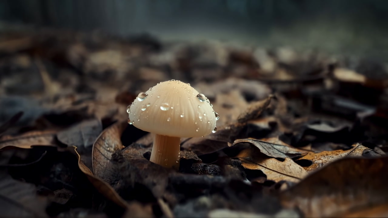 Dew Covered Mushroom On Forest Floor, Cinematic Macro Closeup Showing Pale Cap Dotted With Water Droplets