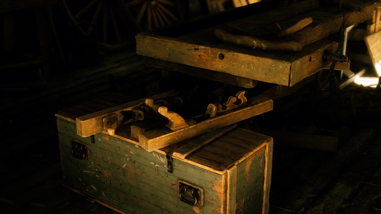 Vintage woodworking tools arranged in a rustic workshop setting