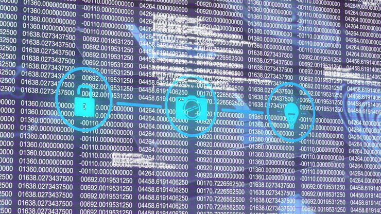 Animation of network of digital icons against interface with data processing against blue background